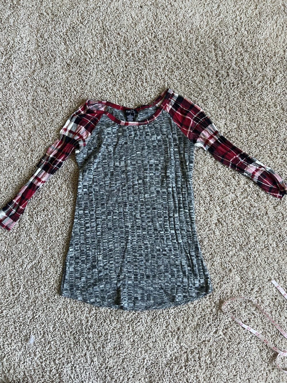 Rue21 Gray Knit Top with Red Plaid Trim